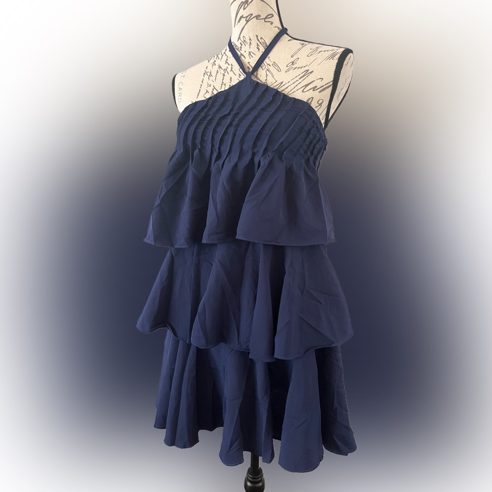 NWT Navy Blue Tiered Halter Mini Sundress Smocked Sz Small Tie Neck Bohemian - Picture 3 of 10